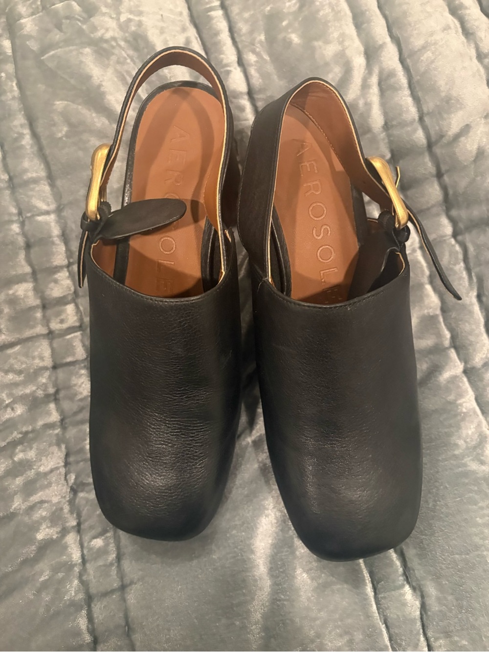 AEROSOLES Black Leather Slingback Platform Mules with Gold Buckle - Picture 12 of 14